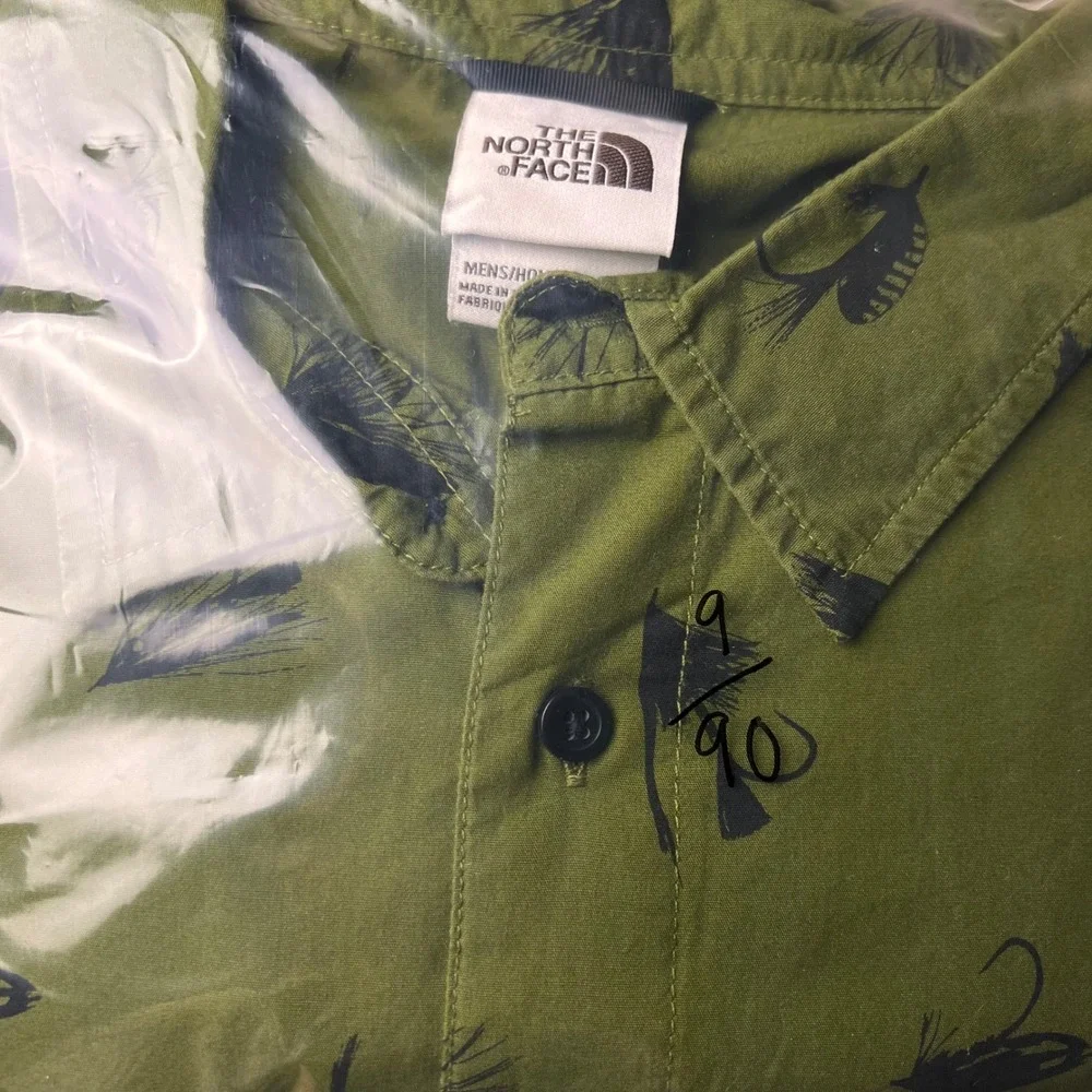 The North Face Button Up Shirt Mens XXL Green Excellent Fly Fishing Print Cotton